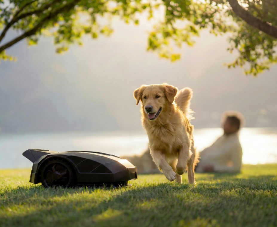 Happy dog playing safely on a Volta-maintained lawn